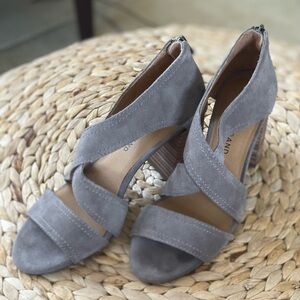 Classic Lucky Brand Gray Suede Block Heel Sandals Carolyn Bassette Kennedy Vibes